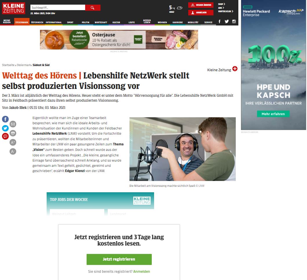 Beitrag des LNW-Visionssongs in der Kleinen Zeitung Südoststeiermark